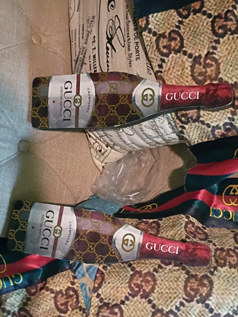 Gucci Brown Monogram Silk Curtains with Green & Red Stripes and Gold Logos
